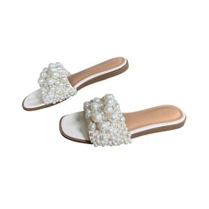 Target Pearl Slide Sandals White Cream Faux Pearl Embellished Flat Shoes Size 8
